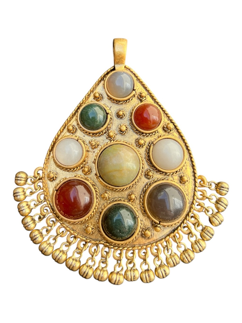 Vintage Etruscan Revival Gold Tone Teardrop Gemstone Cabochon Pendant